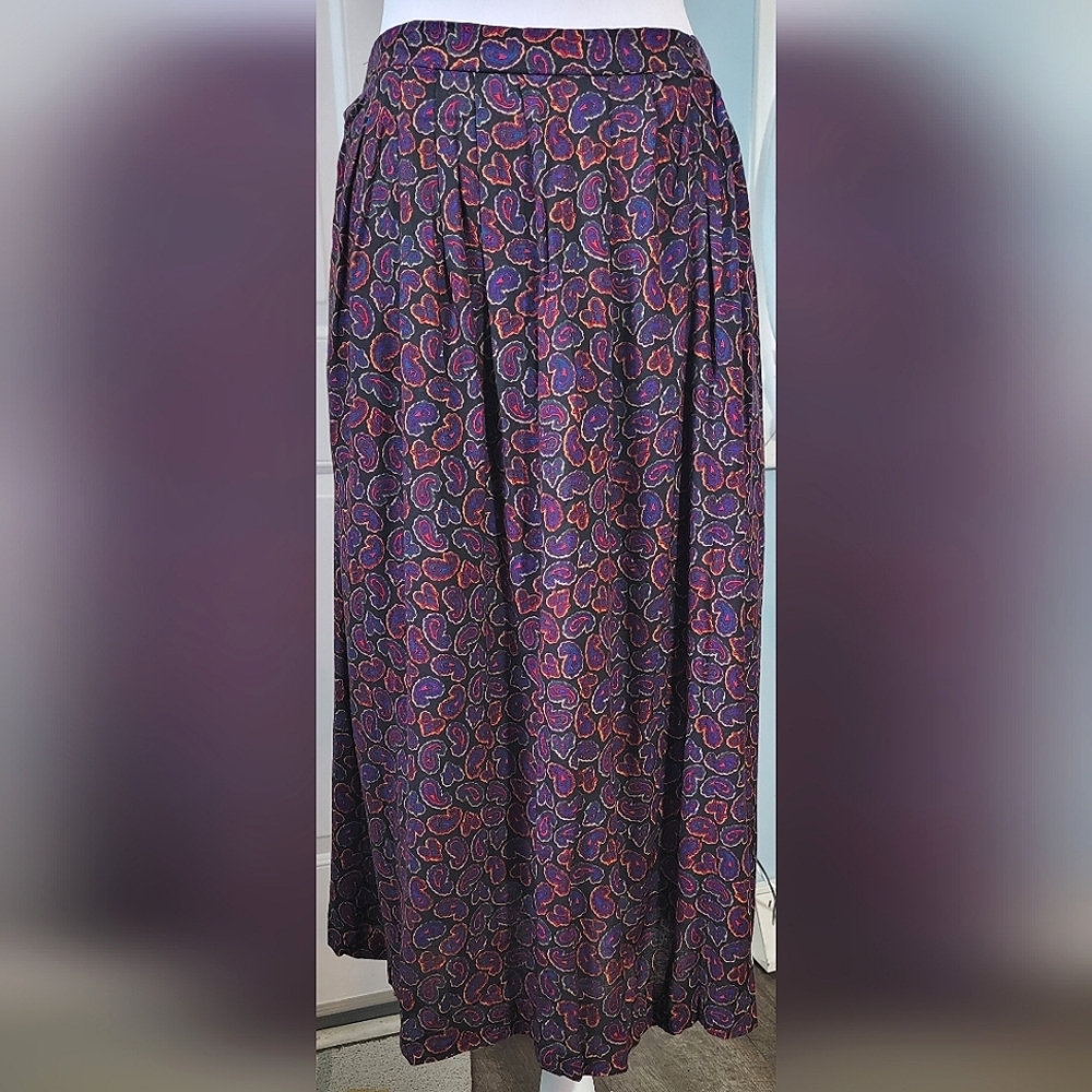 Vinatge 80's Midi Skirt Women's 16 Black, Purple & Multi Paisley Elastic Waistba